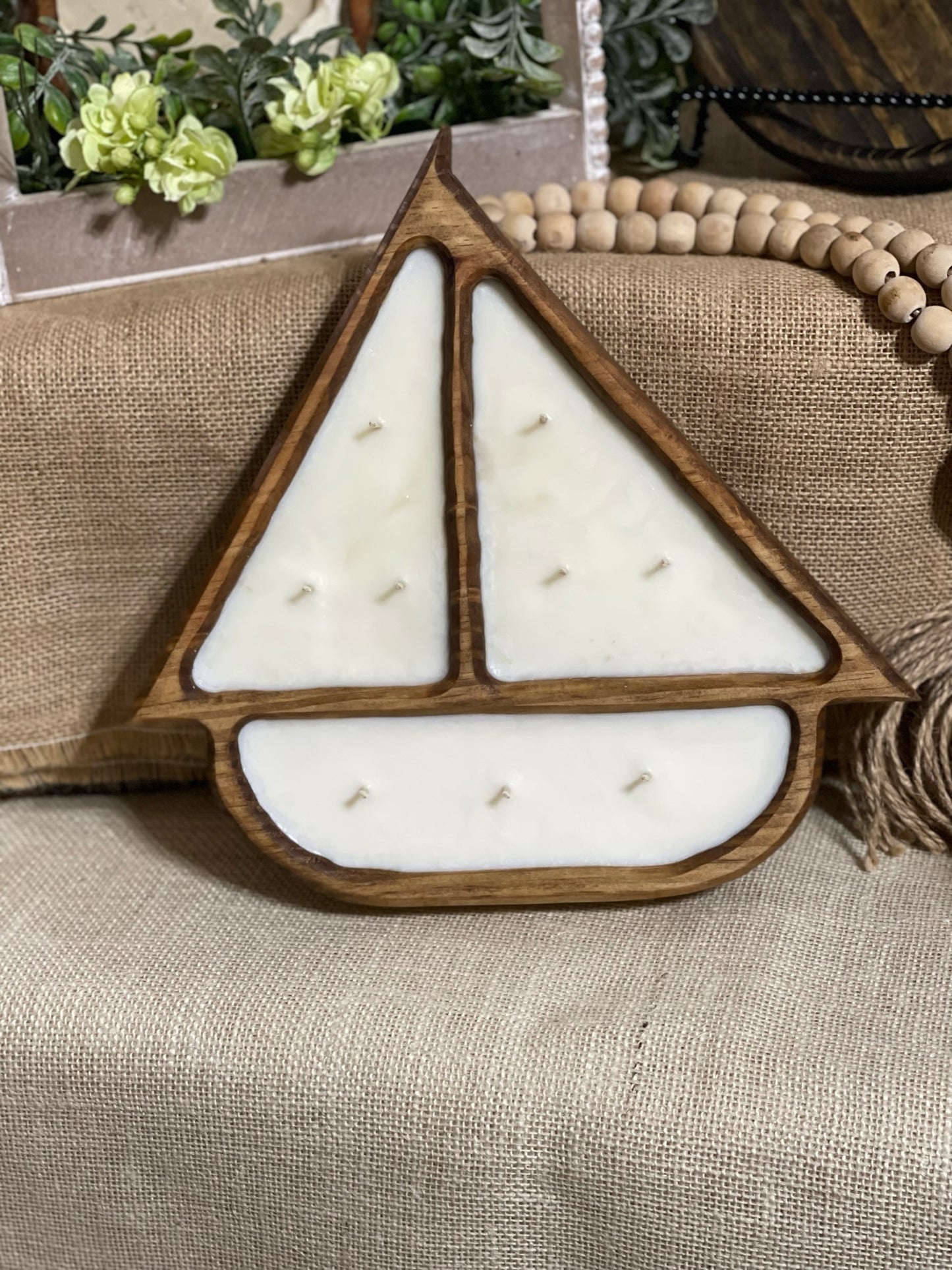 Sailboat Wooden Dough Bowl Candle